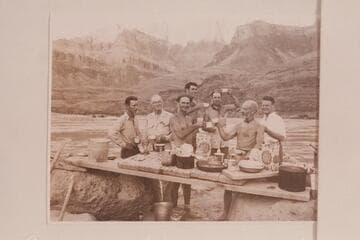 The men of the Nevills party of 1947, Lees Ferry to Bright Angel Creek. Camp at the foot of the Tanner Trail. L to R: Frost, Henderson, Nevills, Garth Marston, Milotte, Marston and Farquhar