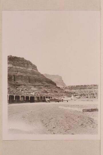 Art Greene's Cliff Dwellers Lodge. Motor car; speed boat ready for Grand Canyon traverse; plane in from Los Angeles