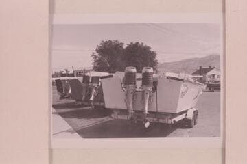 Mercury motors on stern of the "Rapid Eater," one of the 26-ft. boats built for the attempt to run up the Grand Canyon in 1960, June. Salt Lake City