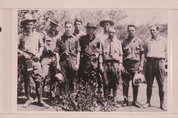 Clyde Eddy and the college boys of his crew. Greenriver, Utah. Left to right: Felton, Calloway, Carey, Adger, Seager, Marshall, Eddy, Bartl, Holt