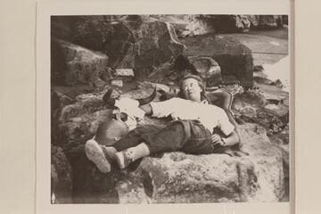 Lunch siesta for Millie Baker. Between Sharp Rock Falls and mouth of Price River. Green River. Price River enters river at Mile 18.15