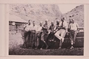 USGS party just prior to leaving Lees Ferry to make the 1923 survey of the Grand Canyon. The top boat is the "Coconino" owned by SCE. Left to right: Lint, Blake, Word, Birdseye, Moore, Burchard, LaRue, Freeman, and Kolb