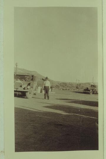 Mr. Flake and the bus between the Grand Canyon and Navajo Bridge at the time of the Bridge dedication. Freeman photo
