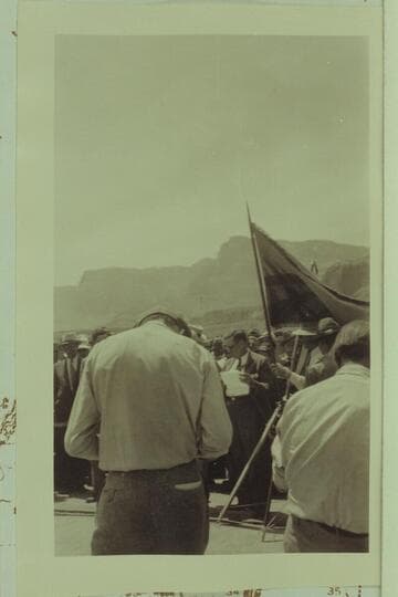 Photographing the dedication of Marble Canyon Bridge. Print from Freeman collection