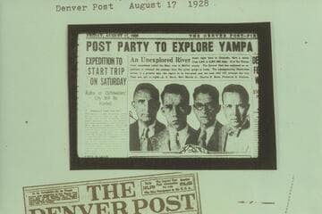 The Denver Post crew prior to their cruise of the lower Yampa River. A. G. Birch; Bert Martin, Jr.; Charles E. Mace; Frederick E. Dunham