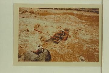 Pontoon No. 2 in Vulcan Rapid shortly after release from lines. The lining enabled the craft to avoid the rough water in the open part of the rapid but this photo shows the dangerous position reached with the unwieldy craft