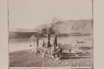 Camp above mouth of Henry's Fork. L to R: Taylor, Joan Nevills, Reynolds, Frost, Loel Marston and Maradel Marston
