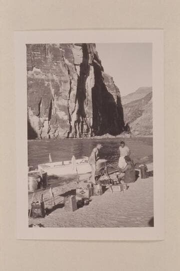 Camp at lower end of Vulcan Rapid. Bill Belknap; George Morrison; Jim Bechtel