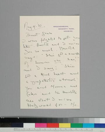 Writer Hugh Walpole, writes to GBH, telling her that he misses her and other friends from Hollywood