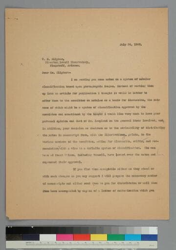 EPH writes to astronomer Vesto Slipher