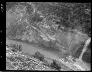Big Creek - Mammoth Pool - Drilling operation, east abutment, taken from dome above west abutment
