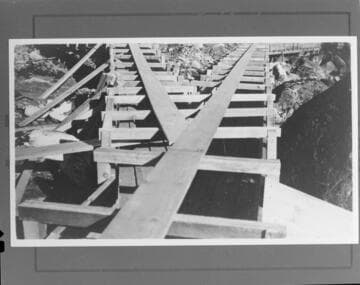 Junction of two flumes; probably the diverted water from the Nelson and Doyle forks of the Tule River