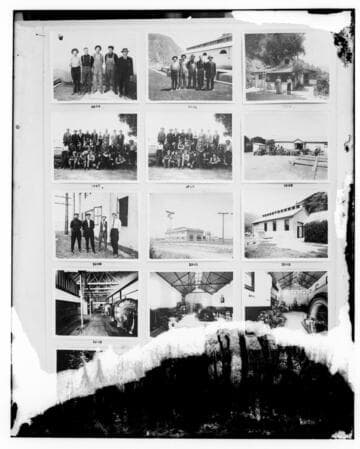 This is a multi-image negative that depicts group portraits, substations, and hydroelectric powerhouses. Undamaged images included on the plate are copies of original negatives: 02 - 01894; 02
