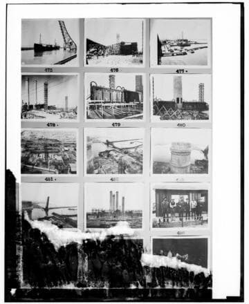 This is a multi-image negative that depicts construction of Long Beach Steam Plant. Undamaged images included on the plate are copies of original negatives: 02 - 00475; 02