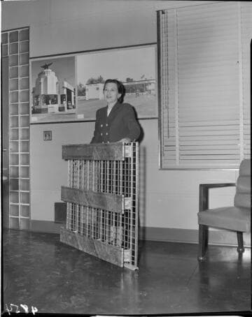 Lady standing next to metal pallet in office