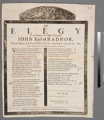 An elegy on the death of the Right Honourable John Earl of Radnor, Viscount Bodmin, and Baron of Truro &c. who expir'd, July the 17th. 1685