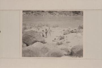Crew on the beach at mouth of 19 Mile Canyon: Robinson, Marston and Taylor