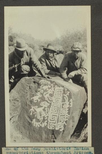 Zahn trip to San Juan placers in a Franklin car. One of the many prehistoric indian superscriptions throughout Arizona