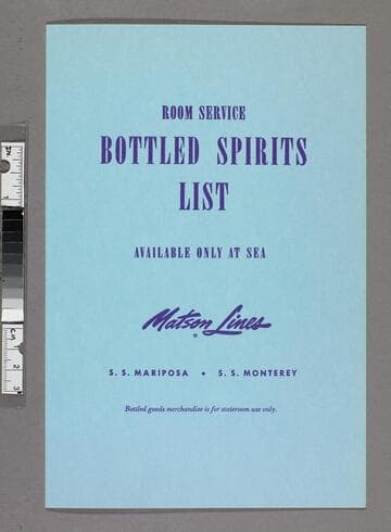 Room service bottled spirits list available only at sea