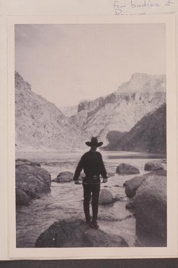 Picture of myself that I know to have been taken at Hermit Rapids. To be used in comparison with the two Pathe-Bray pictures. (Ray Tankersley, 1953, Oct.) The view is upstream from Hermit Rapids