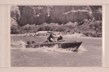 The "Rattlesnake" cruising below President Harding Rapid. L to R: Hugh Cutler, Joe Desloge and Rod Sanderson