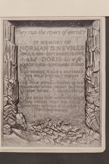 The Nevills Plaque at Marble Canyon executed by Mary Ogden Abbott. It is bronze and stands 3' 4" high and 2' 1" wide