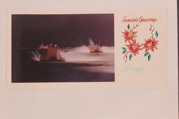 Bill Belknap photo on Buzz Belknap's Xmas card 1961. The "Kiwi" with Jon Hamilton driving and Jim Bechtel and Dock Marston as passengers. Buzz is driving the "Dock" and Ed I'Anson is piloting for him. Up Grand Canyon run of 1960, July