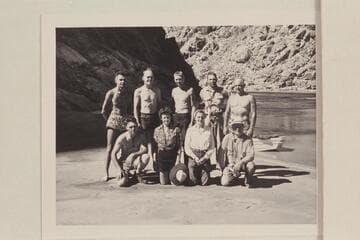 Reilly-Fulmer party at Spencer Canyon. Front: Carl Pederson, Susie Reilly, Esther Litton, Paul Terry. Back: Tommy Cox, Brick Mortenson; Pat Reilly; Martin Litton; Moulty Fulmer