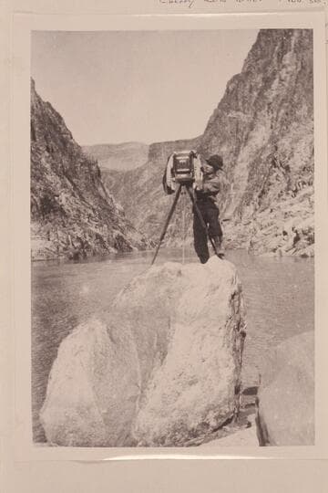 Emery Kolb at some early photography in the Grand Canyon near Bright Angel Creek. "Posed by Emery Kolb to show his work with camera" (Dave Rust, 1955, Sep. 29. "We used an 8x10 camera with glass plates" (Emery Kolb letter, 1954, Nov. 30)