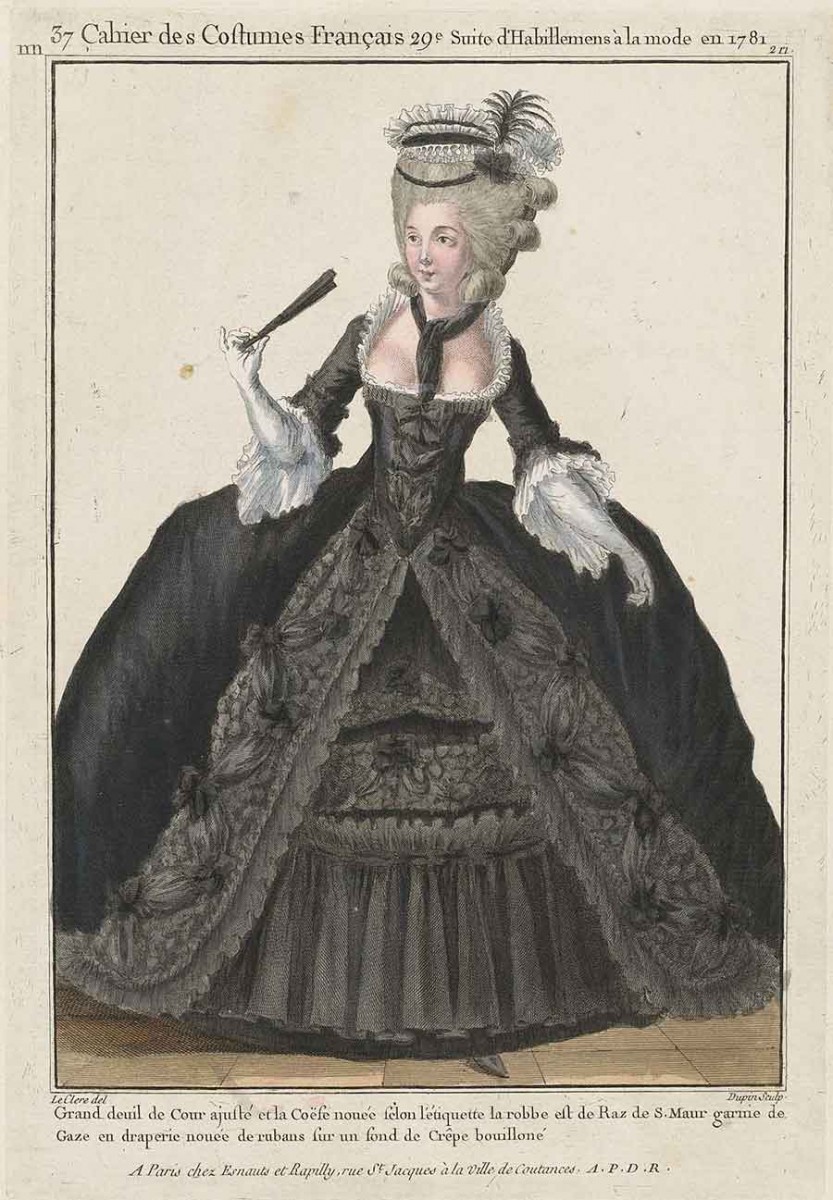 This court mourning dress from 1781 is made from Raz de Saint-Maur, a fabric favored for the occasion because, unlike satin, it was non-reflective. (From The Elizabeth Day McCormick Collection. Photograph © Museum of Fine Arts, Boston.) This court mourning dress from 1781 is made from Raz de Saint-Maur, a fabric favored for the occasion because, unlike satin, it was non-reflective. (From The Elizabeth Day McCormick Collection. Photograph © Museum of Fine Arts, Boston.)