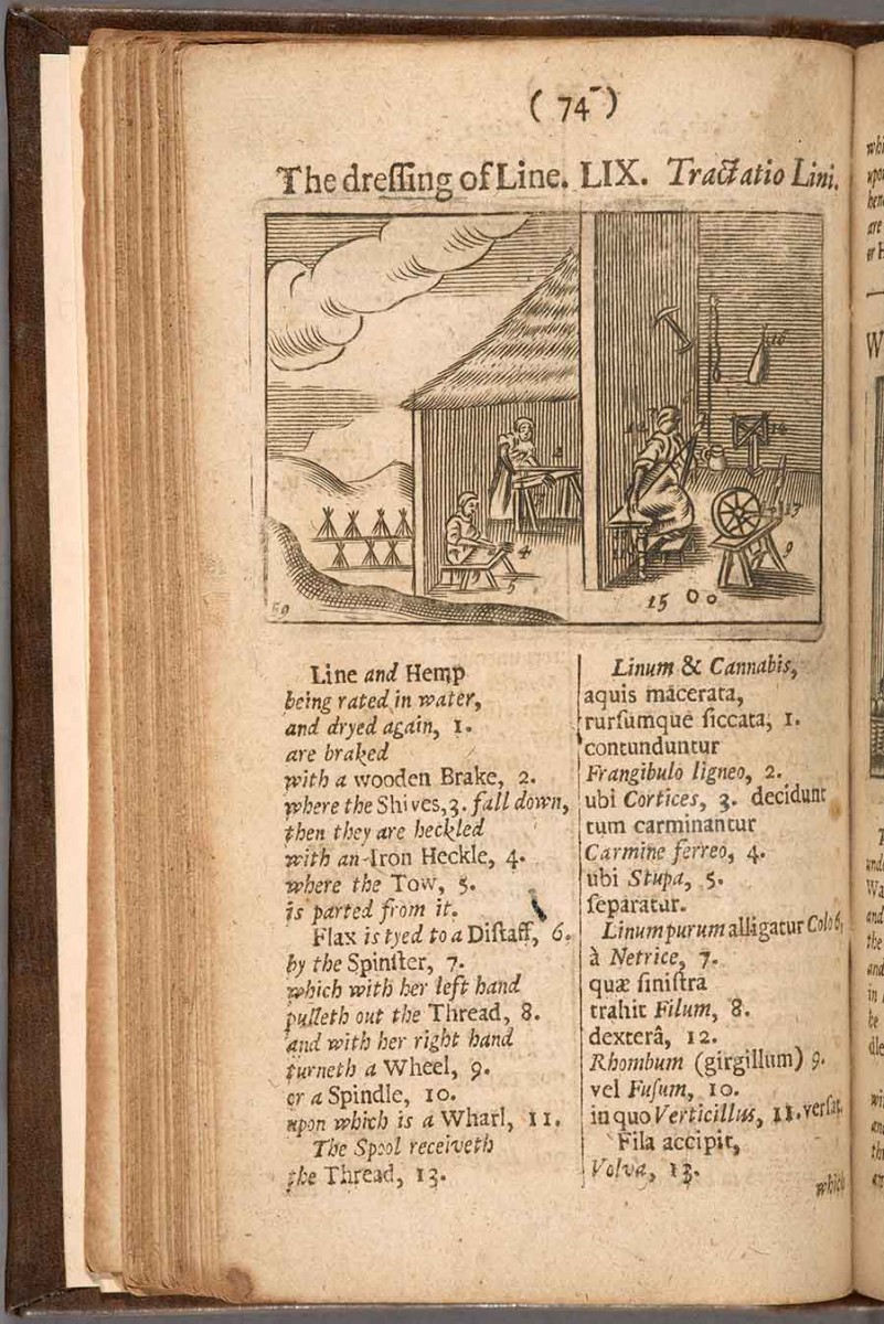 A page from a 1705 edition of the children’s textbook Orbis Sensualium Pictus (Visible World in Pictures), by Johann Amos Comenius, 1592–1670. The illustrations depict the processing of flax. The Huntington Library, Art Museum, and Botanical Gardens.