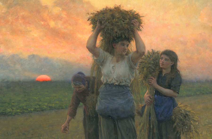 These three women represent the three ages of humankind—youth, maturity, and old age. Jules Adolphe Aimé Louis Breton, detail of The Last Gleanings, 1895, oil on canvas, 36 1/2 x 55 in. (92.7 x 139.7 cm.). The Huntington Library, Art Museum, and Botanical Gardens.